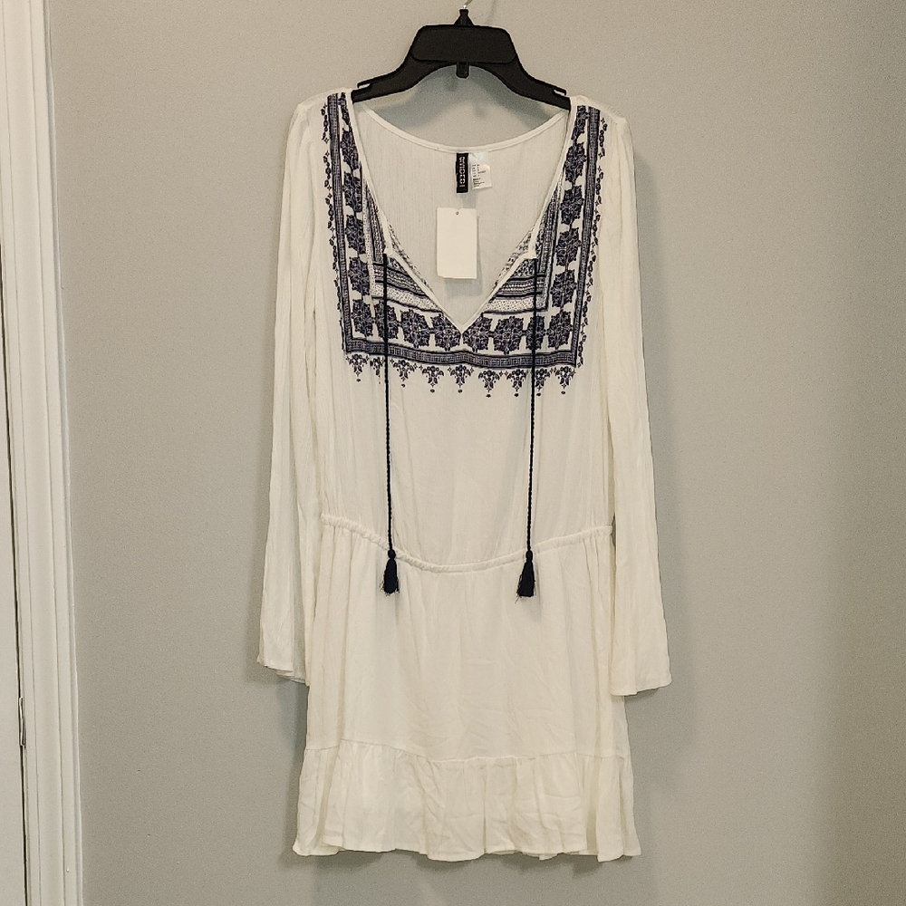 H&M Divided White Navy Boho‎ Tassel Mini Dress Long Sleeve Size 4 Festival
